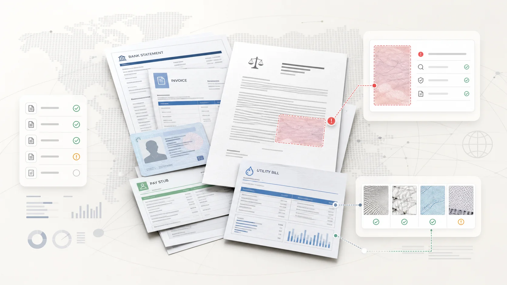Global document fraud detection workflow analyzing bank statements, invoices, identity documents, contracts, pay stubs, and utility bills