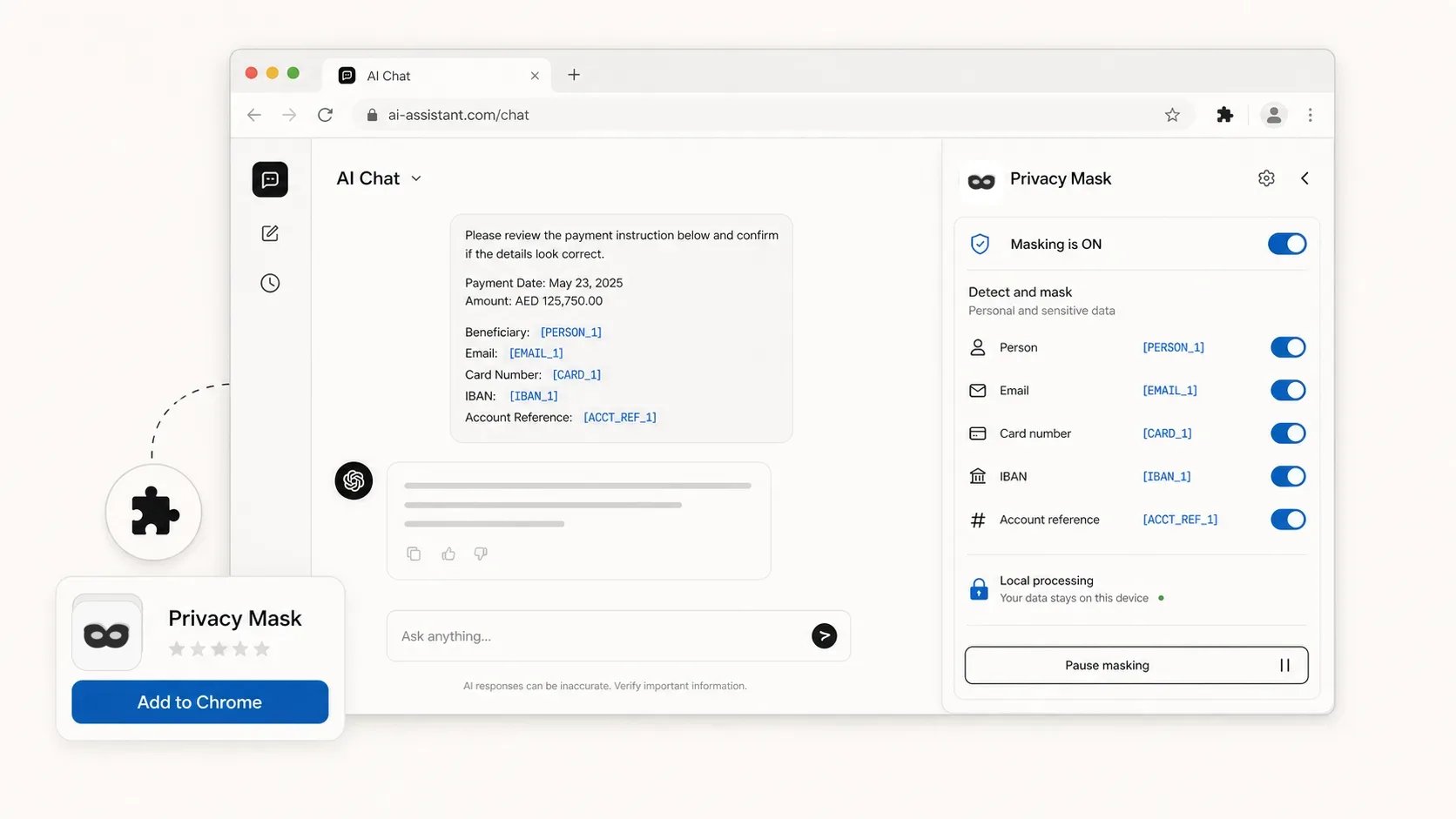 Privacy Mask Chrome extension side panel masking AI chat placeholders